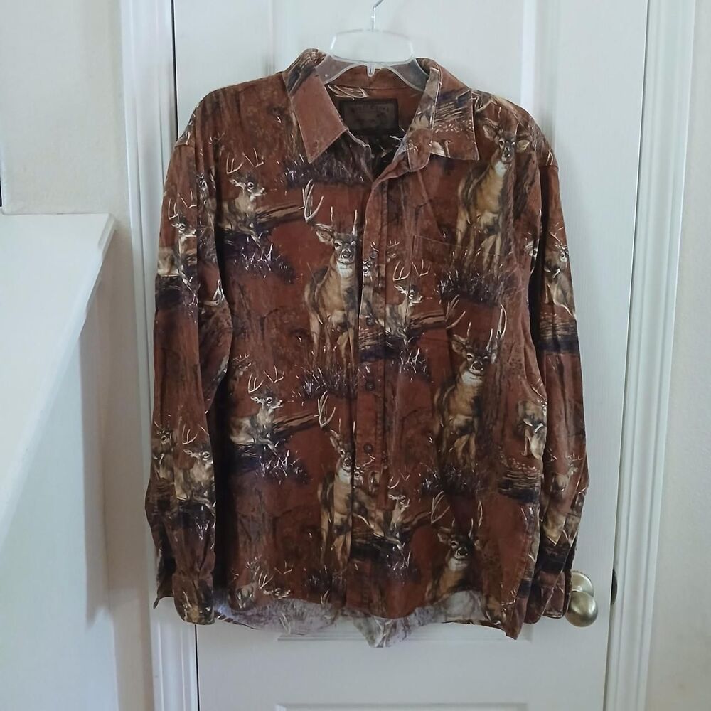 Vintage 90s Bluff Creek Outfitters 100% Cotton Deer Camo Button-Up Shirt XL